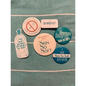 Set Of 6 Avon Collectible Button Pin “Skin-So-Soft” Pinback Button Vintage
